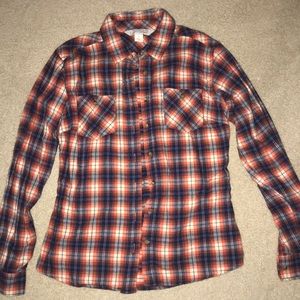 WOMENS ORANGE AND BLUE PLAID FLANNEL